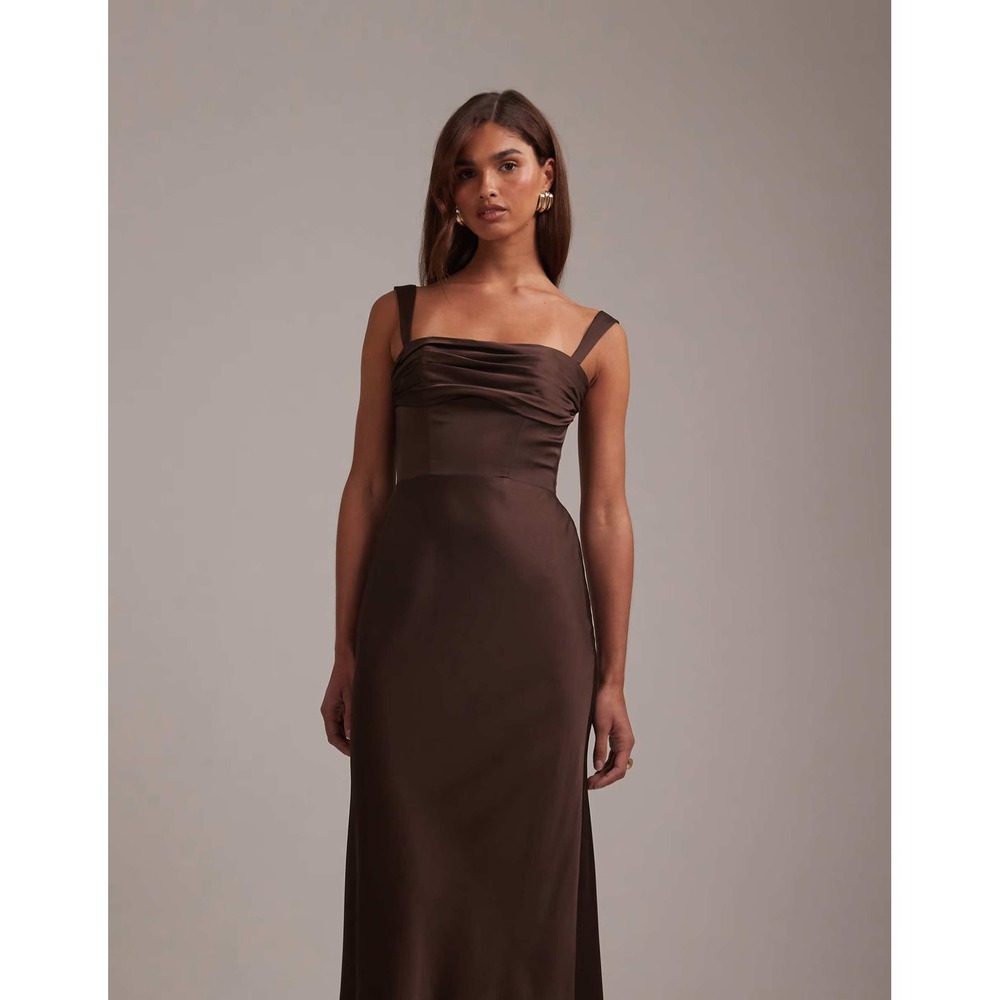 Runaway the Label Margot Maxi Dress Chocolate Brown Ruched Square Neck Size Xs
